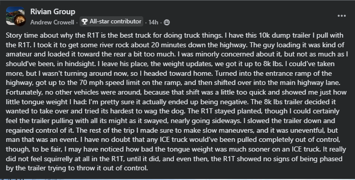Text from a forum post discusses experiences pulling a 10k dump trailer with a Rivian R1T, highlighting handling issues and tongue weight.
