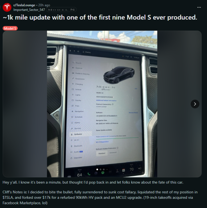 Image of a Tesla Model S touchscreen display showing vehicle info and settings, with a focus on the vehicle's first 1,000-mile update.