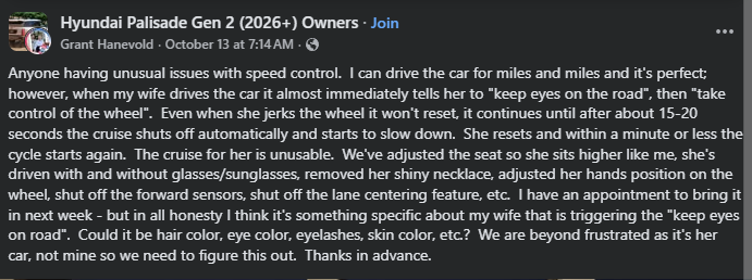 A user seeks help on a forum about their Hyundai Palisade's cruise control issues, specifically related to their wife’s driving.
