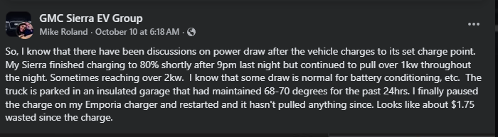 A forum post discussing unexpected power draw from a GMC Sierra EV after charging, with specifics on rates and conditions.