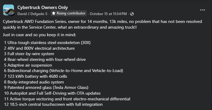 A user's post detailing features and specifications of the Cybertruck, celebrating its performance and uniqueness after 14 months of ownership.