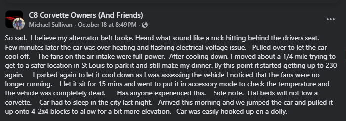 A post detailing car trouble from a Corvette owner, mentioning an alternator belt issue, overheating, and towing challenges.