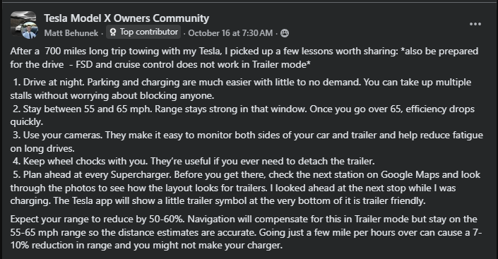 A detailed post sharing towing tips for Tesla Model X owners, emphasizing charging strategies, speed management, and safety precautions.