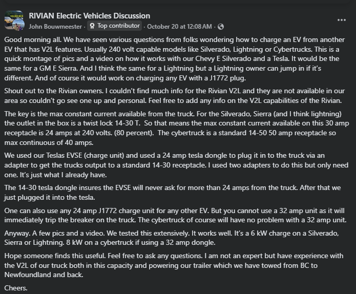 Screenshot of a forum post discussing EV charging, focusing on compatibility between Rivian and other models like Tesla, Silverado, and Cybertruck.