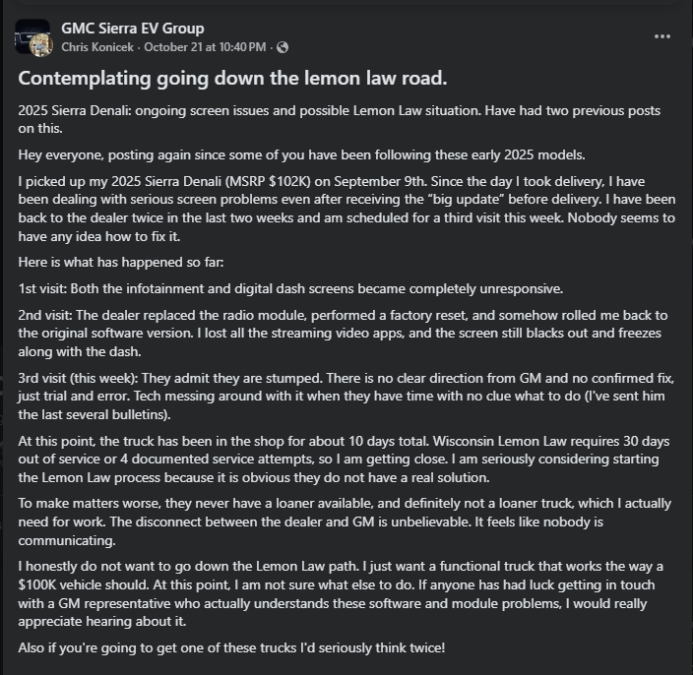 A frustrated truck owner shares ongoing issues with their 2025 Sierra Denali's screens, considering Lemon Law due to repeated service failures.