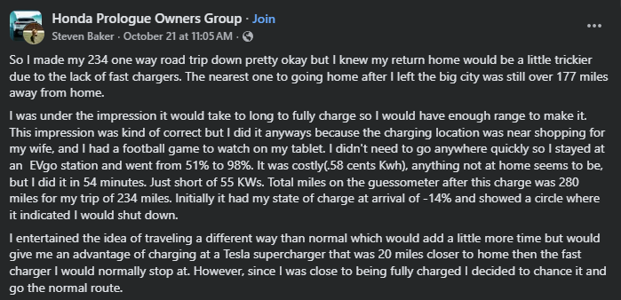 A user shares their road trip experience in a Honda Prologue Owners Group, discussing charging challenges and strategies during the journey.