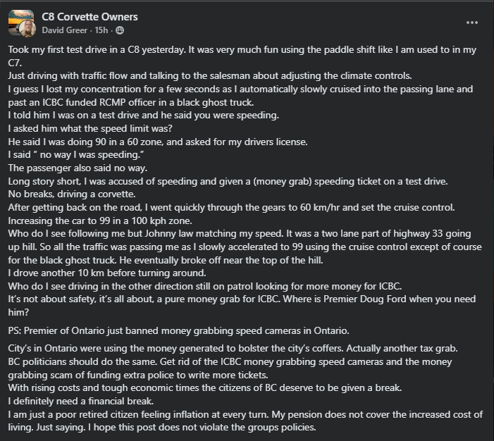 A Facebook post recounts a test drive in a C8 Corvette where the driver was unjustly ticketed for speeding. The post critiques local funding policies.