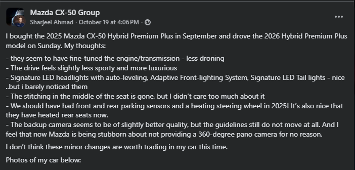 A Facebook post discussing the author's experiences with the 2025 and 2026 Mazda CX-50 Hybrid Premium models, noting various features and changes.