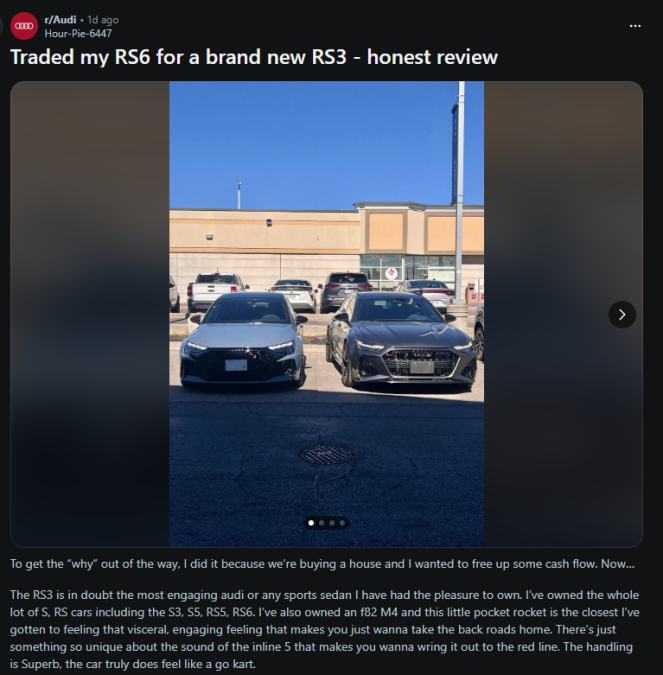 Two Audi cars parked side by side: an RS3 on the left and an RS6 on the right, against a clear blue sky and a commercial building backdrop.