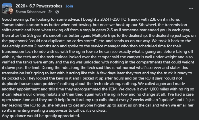 A Facebook post detailing troubleshooting experiences with a 2024 F-250 transmission issue and seeking advice from the community.