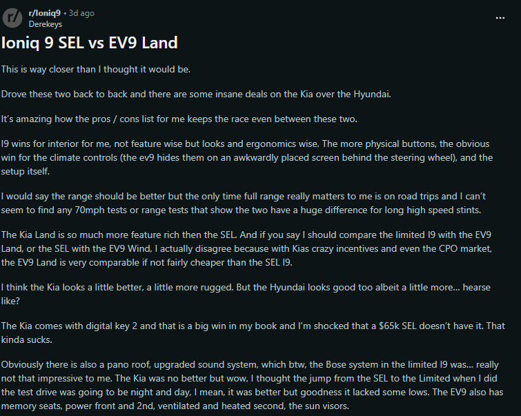 A comparison review of the Hyundai Ioniq 9 SEL and Kia EV9 Land, discussing features, design, and range differences.