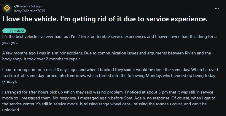 A frustrated customer shares their disappointment with Rivian's service experiences despite loving the vehicle, detailing repair delays and issues.