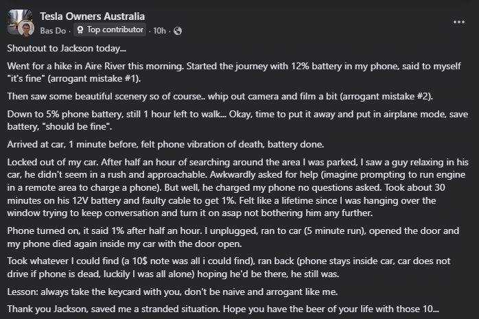 A person recounts a hiking trip's mishaps, including a dead phone and needing help from a stranger named Jackson to recharge.