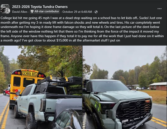A damaged Toyota Tundra after a collision with a car, parked near a school bus in a rural area, showcasing front-end impact.
