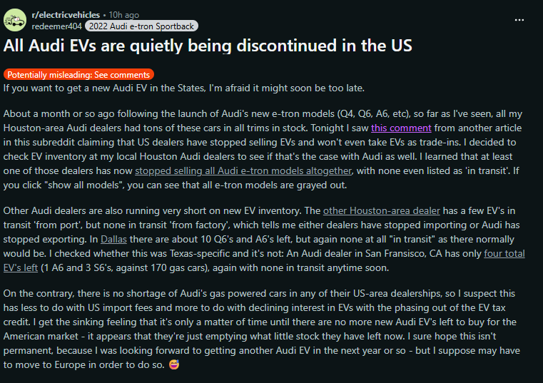 A Reddit post discussing the discontinuation of Audi EV models in the US, highlighting dealer inventory shortages and export issues.