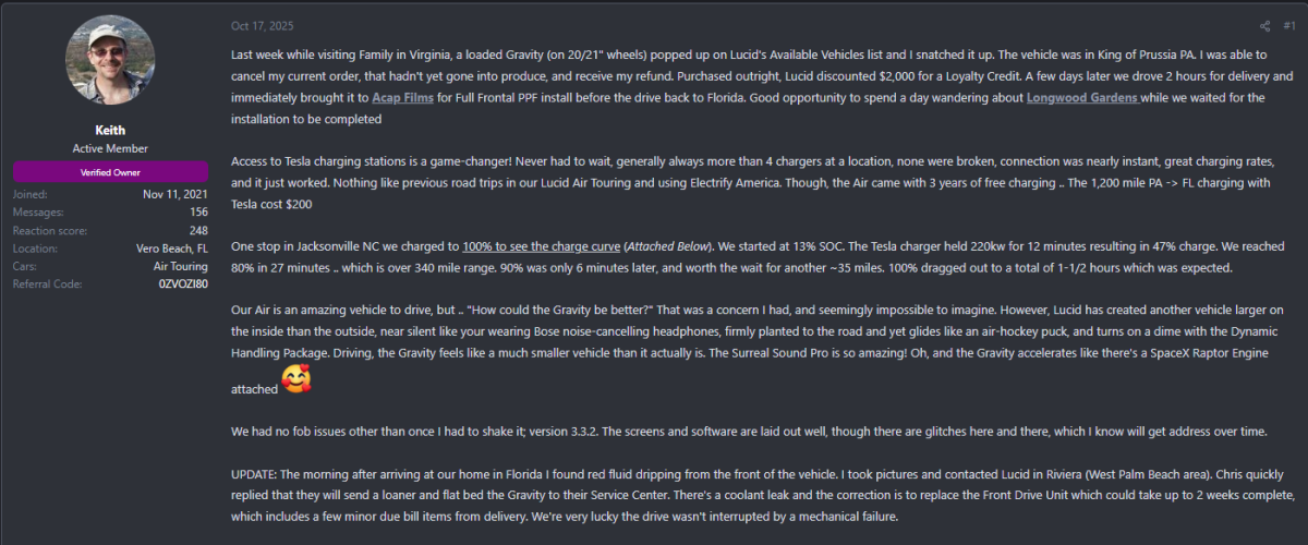 A detailed forum post by a Tesla car owner discussing vehicle experiences, charging stations, and recent maintenance updates.