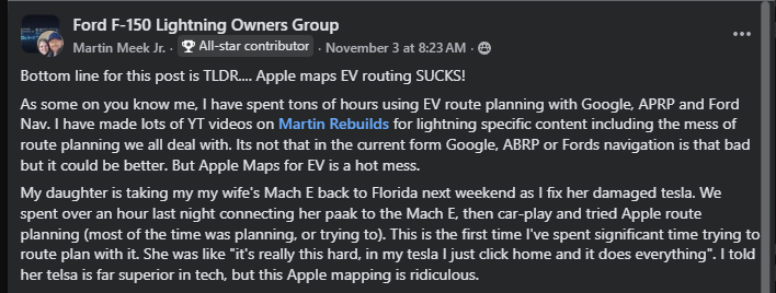 A user expresses frustration with Apple Maps for EV routing, citing difficulties compared to Tesla's navigation on a Ford group discussion.