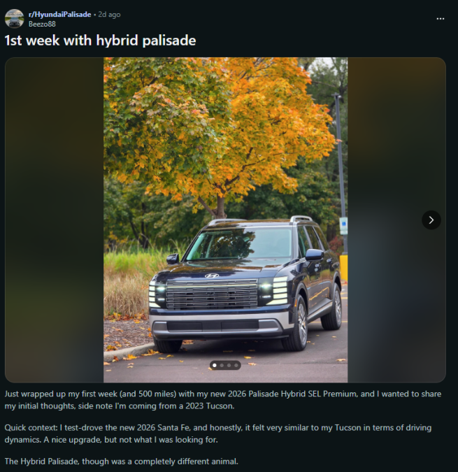 A sleek 2026 Hyundai Palisade Hybrid SEL Premium parked in front of vibrant autumn foliage, showcasing its modern design and features.