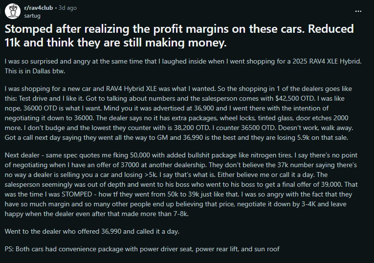 User shares frustration over high car prices while shopping for a 2025 RAV4 XLE Hybrid, highlighting exaggerated dealer markups.