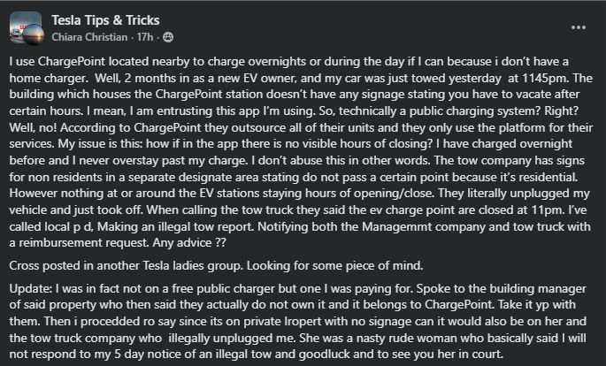 Woman shares her frustrating experience with a towing issue at a ChargePoint station, seeking advice from other Tesla owners.