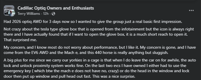 A user shares initial impressions of their 2026 Cadillac Optiq AWD, discussing glove box access, performance concerns, and pet-friendly features.