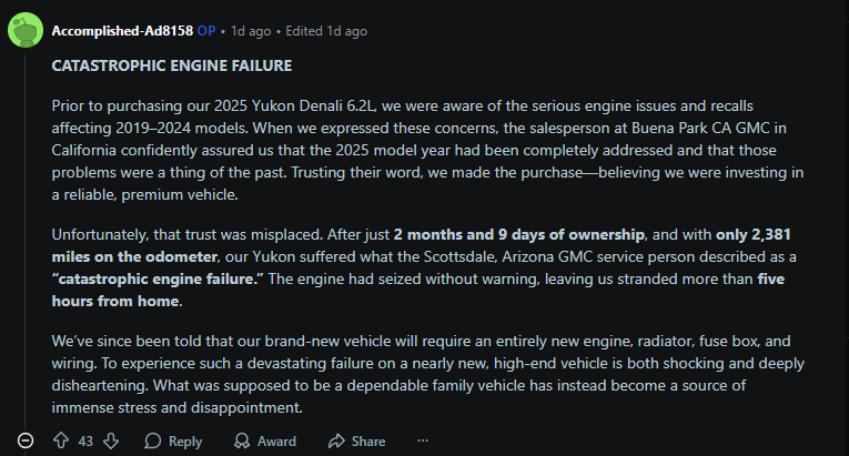 Text post detailing a user's experience with a 2025 GMC Yukon Denali, highlighting a catastrophic engine failure after minimal ownership.
