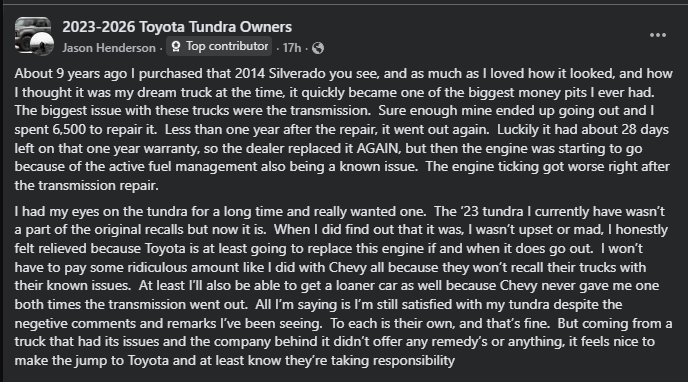 A user shares their experience with their 2014 Silverado's transmission issues and their satisfaction with the 2023 Toyota Tundra's reliability.