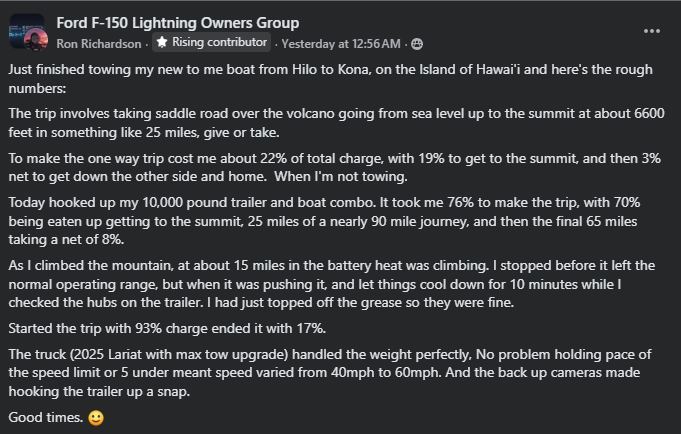 A Facebook post sharing the experience of towing a boat in an electric Ford F-150 Lightning, detailing the trip's challenges and performance.