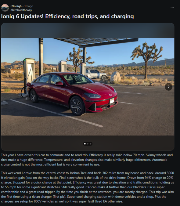 A red Hyundai Ioniq 6 parked at a charging station in a desert landscape, showcasing its sleek design and efficient road trip capabilities.