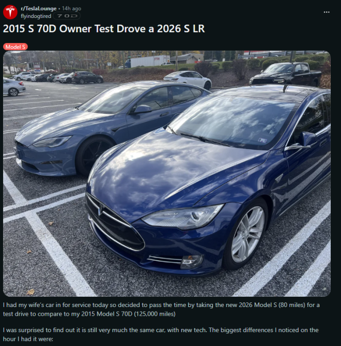 A blue 2015 Tesla Model S 70D parked next to a gray 2026 Model S LR in a dealership lot, showcasing both models' design.
