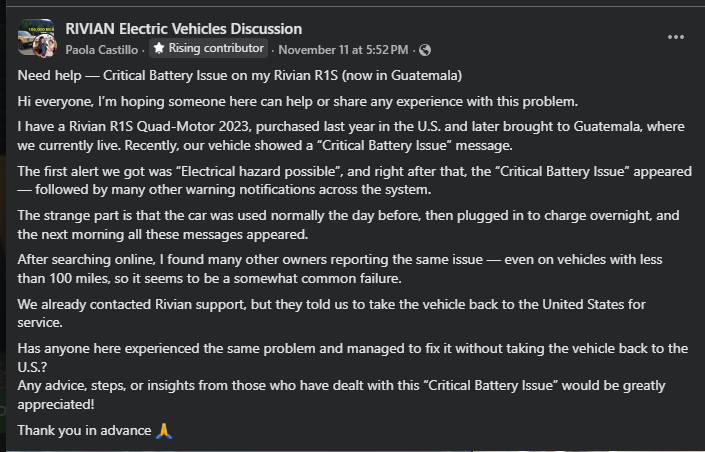 A Facebook post seeking help with a "Critical Battery Issue" on a Rivian R1S vehicle, highlighting user experiences and requests for advice.