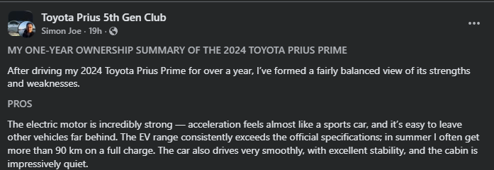 A user shares a year-long review of the 2024 Toyota Prius Prime, highlighting its strong acceleration and impressive EV range.