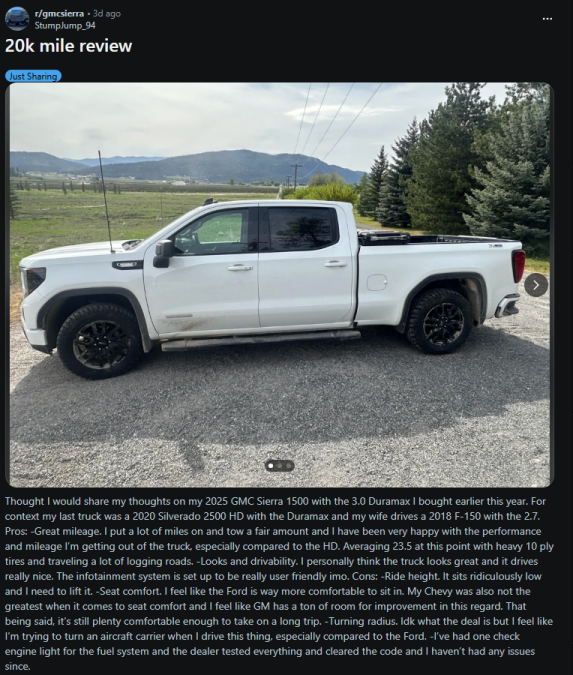 A screenshot of a Reddit post. It shows a photo of a white GMC pickup truck parked outdoors. Below the photo, the writer shares a long review of the truck after driving it 20,000 miles, listing what they like and don’t like about it.