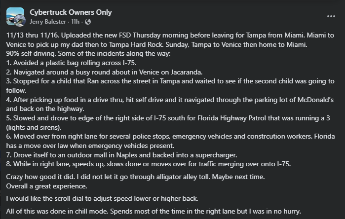 A screenshot of a Facebook post where someone describes using Tesla’s Full Self-Driving for several days. They list situations the truck handled on its own—like avoiding debris, reacting to emergency vehicles, and driving through a drive-thru. They say the experience was very good overall.