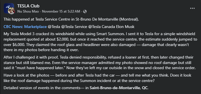 Tesla Model 3 owner shares experience of damage and service issues at St-Bruno De Montarville's Tesla Service Centre, Montreal.