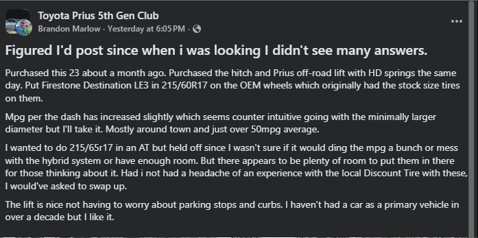 Screenshot of Toyota Prius 5th Gen Club Facebook post discussing tire upgrades and MPG.