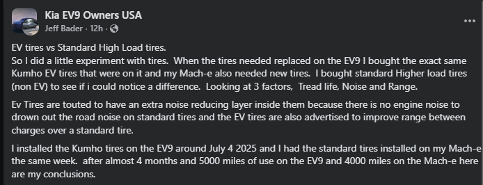 Screenshot of Kia EV9 Owners USA Facebook post comparing EV tires vs high-load tires.