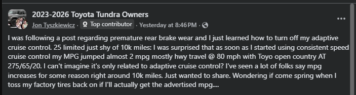 Screenshot of Toyota Tundra owners’ forum post discussing adaptive cruise control, brake wear, tire size, and MPG increase around 10,000 miles.