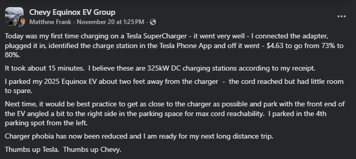 Screenshot of a Facebook post in the Chevy Equinox EV Group describing the user’s first charging experience on a Tesla Supercharger with a 2025 Equinox EV, including charging speed and parking tips.