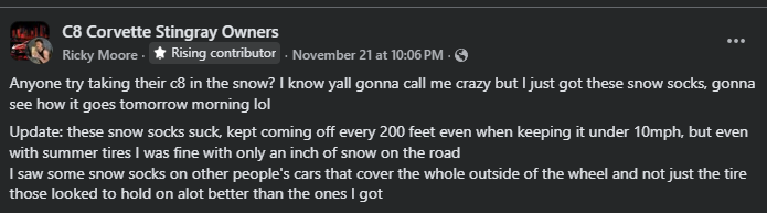 Screenshot of a Corvette C8 owners group post discussing driving a C8 in snow and reviewing snow socks that repeatedly slipped off.