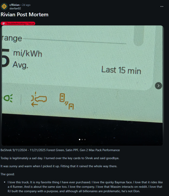 Screenshot of a Rivian forum post titled “Rivian Post Mortem,” showing a Rivian dashboard display with warning icons and text about the owner returning their Forest Green R1S.