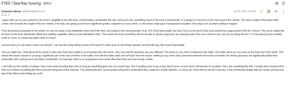 Screenshot of an email thread titled ‘F150 / Sea Ray towing,’ showing a detailed message discussing Ford F-150 towing capacity, trailer weight safety concerns, load distribution hitches, and risks of improper towing setups.