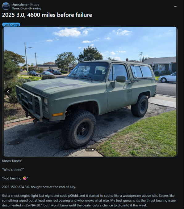 Screenshot of a Reddit post discussing a 2025 GMC Sierra 1500 AT4 with the 3.0L Duramax diesel engine failing at 4,600 miles, showing a user’s complaint, rod bearing failure speculation, diagnostic code P06DD, and an image of a green Chevrolet K5 Blazer included in the post.