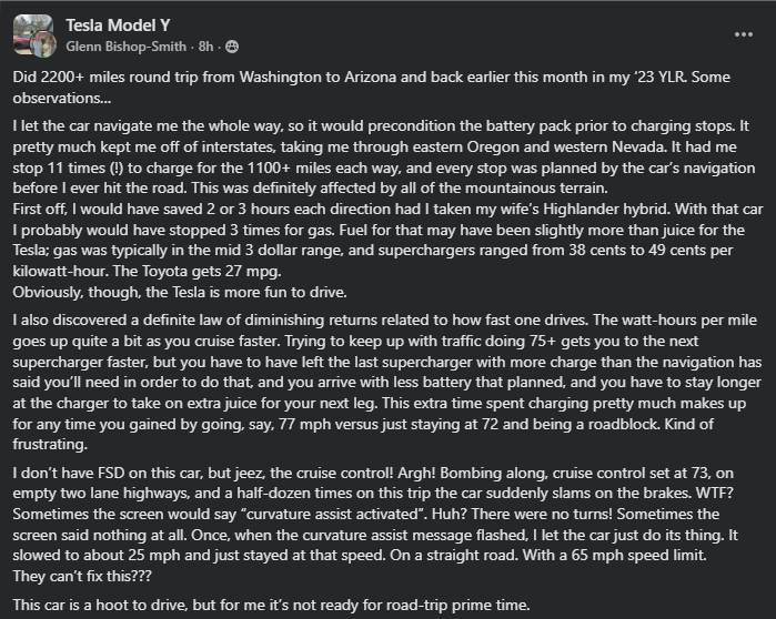 Screenshot of a Facebook post detailing a Tesla Model Y owner’s 2,200-mile road trip experience, charging stops, efficiency observations, and comments on Autopilot behavior.