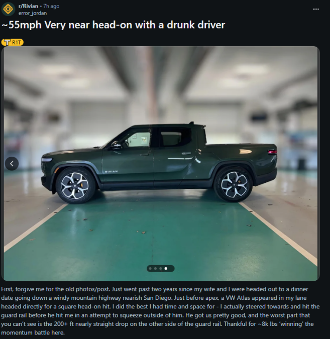 Forest green Rivian R1T electric pickup truck shown from the side profile, featuring distinctive wheel design and black trim accents, parked in what appears to be a covered parking structure.