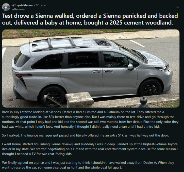 A silver 2026 Toyota Sienna minivan shown from a side/rear three-quarter view, featuring black wheels and a roof rack, parked in a lot with a curb stop visible.