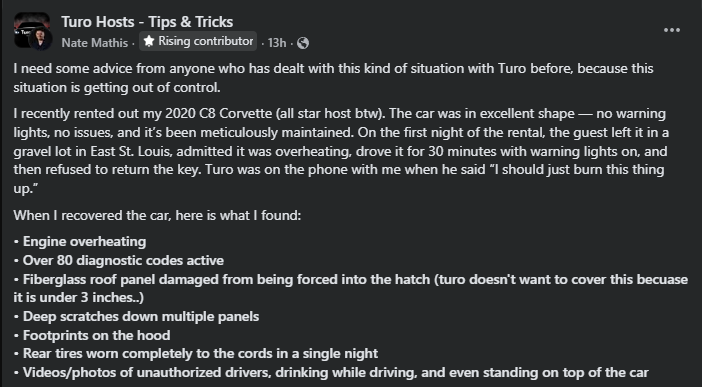 Screenshot of a Facebook Turo Host discussion describing severe damage to a rented Chevrolet Corvette, including a bullet-point list of issues.