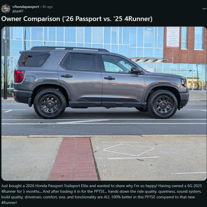 Screenshot of a Reddit post comparing the 2026 Honda Passport to the 2025 Toyota 4Runner, featuring an image of a gray Honda Passport parked on a city street.