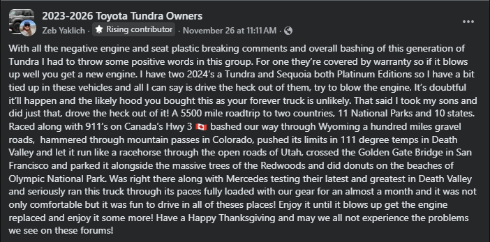 Screenshot of a Facebook post in the ‘2023–2026 Toyota Tundra Owners’ group, featuring a long text review describing a 5,500-mile road trip across the U.S. and Canada in a 2024 Toyota Tundra. The post discusses reliability, performance on gravel roads, mountain passes, extreme heat, and various national parks.