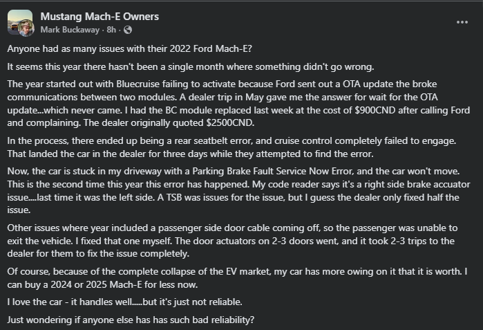 Social media screenshot detailing multiple technical issues and repair problems experienced with a 2022 Ford Mach-E electric vehicle, including brake system faults, door actuator failures, and communication module problems requiring dealer visits.